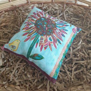 *Pillow Mini Folk Art Bird Flowers Handmade